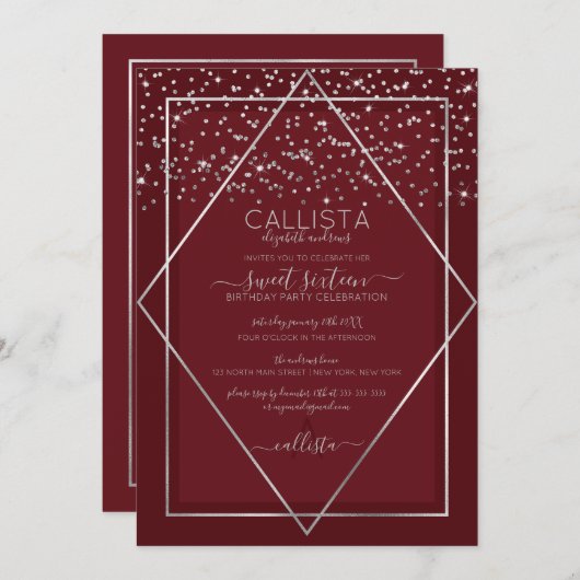 Invitation Burgundy Rouge Argent Confetti Bordure Sweet 16 (Devant / Derrière)