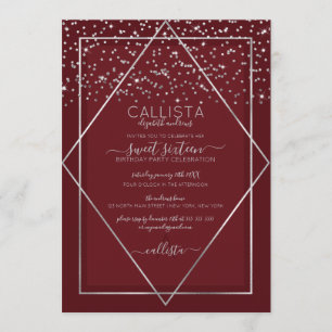 Invitation Burgundy Rouge Argent Confetti Bordure Sweet 16