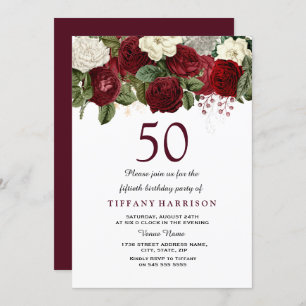 Invitation Burgundy Rouge Blanc Rose 50e anniversaire Invitat
