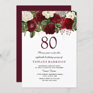 Invitation Burgundy Rouge Blanc Rose 80e anniversaire Invitat