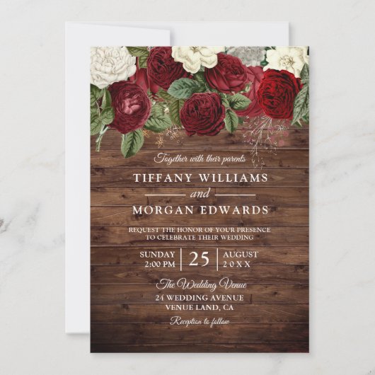Invitation Burgundy Rouge Blanc Rose Rustique Mariage Invitat (Devant)