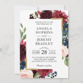 Invitation Burgundy Rouge Blush Floral Navy Blue Gold Mariage (Devant)