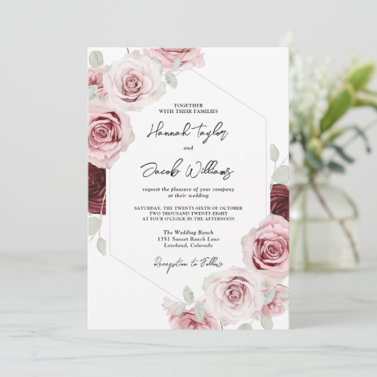 Invitation Burgundy Rouge Blush Rose Floral Code QR Mariage (Debout devant)
