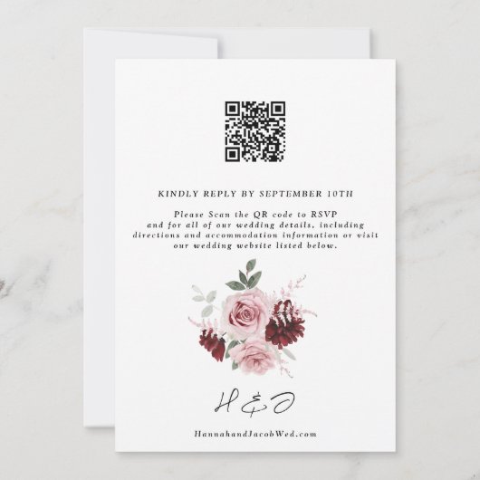 Invitation Burgundy Rouge Blush Rose Floral Code QR Mariage (Dos)