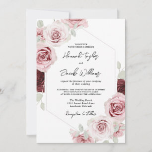 Invitation Burgundy Rouge Blush Rose Floral Code QR Mariage