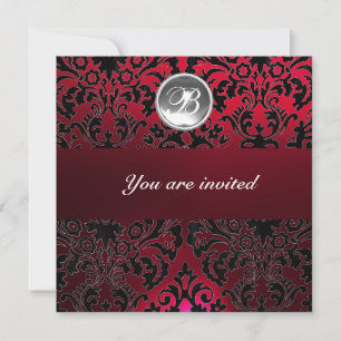 Invitation BURGUNDY ROUGE DAMASK GEM PIERRE MONOGRAMME blanch