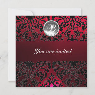 Invitation BURGUNDY ROUGE DAMASK GEMME PIERRE MONOGRAMME glac