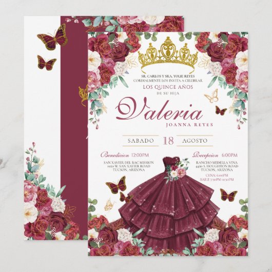 Invitation Burgundy Rouge Élégant Papillon Princesse Quinceañ (Devant / Derrière)