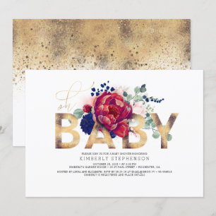 Invitation Burgundy Rouge et Baby shower floral bleu marine