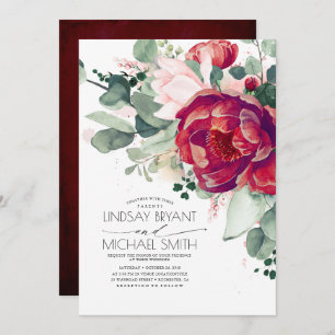 Invitation Burgundy Rouge et Blush Floral Élégant Mariage Boh