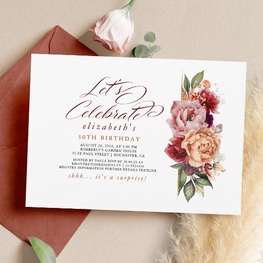 Invitation Burgundy Rouge et Orange Floral Chute Son Annivers