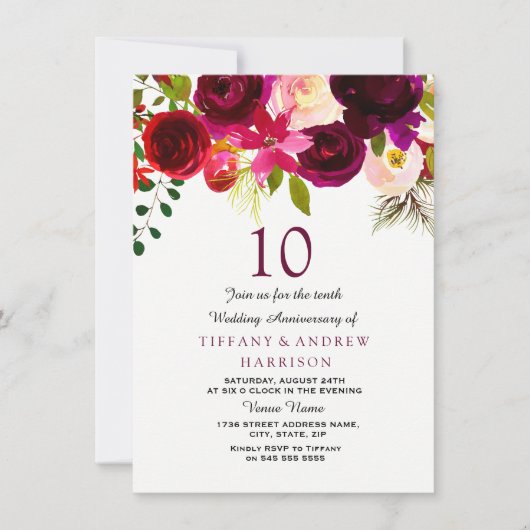 Invitation Burgundy Rouge Floral Boho 10e Anniversaire de Mar (Devant)