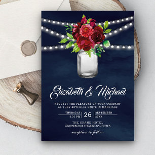 Invitation Burgundy Rouge Floral Mason Jar Mariage bleu marin