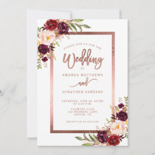 Invitation Burgundy Rouge Floral Rose or Mariage RSVP