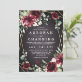 Invitation Burgundy Rouge Noir et Or Floral Élégant Mariage (Debout devant)