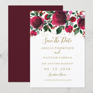 Invitation Burgundy Rouge Or Floral Enregistrer La Date
