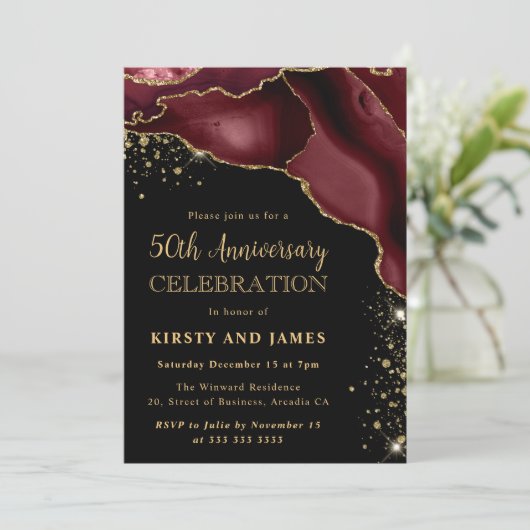Invitation Burgundy Rouge & Or Pailleté Agate 50ème Anniversa (Debout devant)