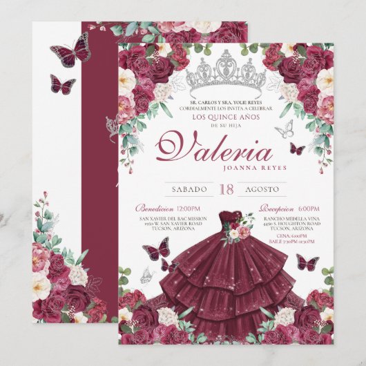 Invitation Burgundy Rouge & Papillon argenté Floral Quinceañe (Devant / Derrière)