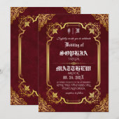 Invitation Burgundy Royal Medieval Gold Wedding (Devant / Derrière)