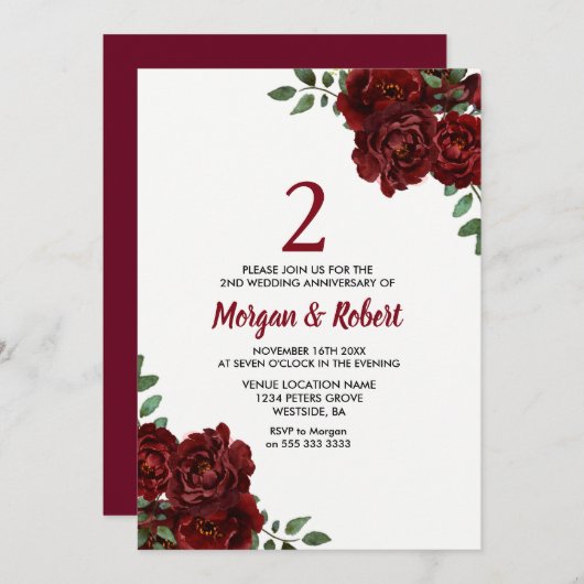 Invitation Burgundy Ruby Red Rose 2e anniversaire Mariage (Devant / Derrière)