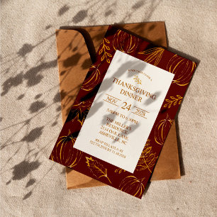 Invitation Burgundy Russe Gold Motif Thanksgiving Dîner
