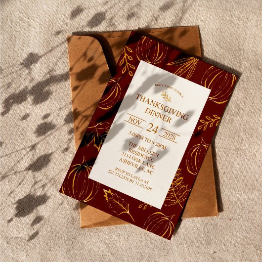 Invitation Burgundy Russe Gold Motif Thanksgiving Dîner