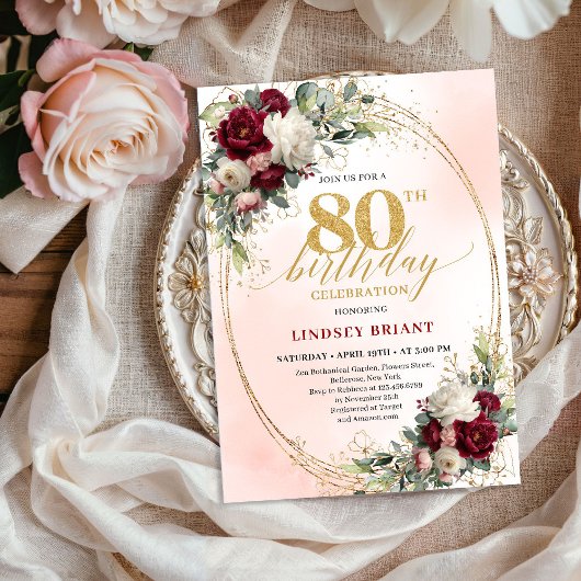 Invitation Burgundy Rustic Boho Floral 80th Birthday Invite