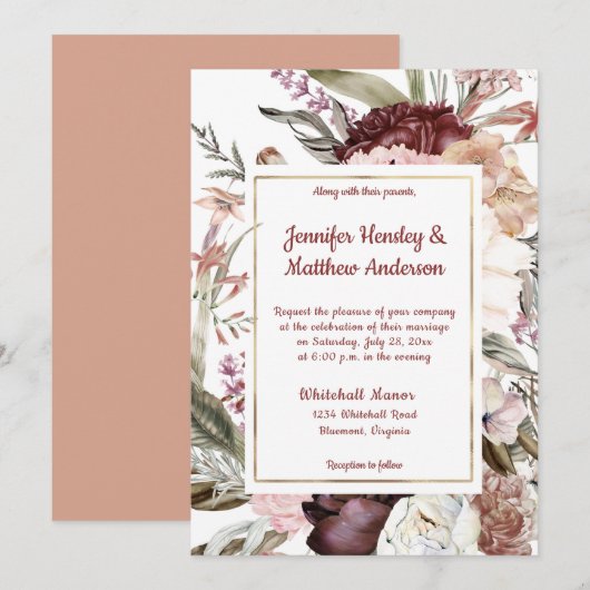 Invitation Burgundy Sandy Peach Dusty Rose Floral Mariage (Devant / Derrière)