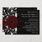 Invitation Burgundy Scroll Gerbera Daisy avec noir et blanc (Devant / Derrière)