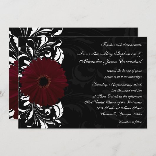 Invitation Burgundy Scroll Gerbera Daisy avec noir et blanc (Devant / Derrière)