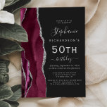 Invitation Burgundy Silver Agate Dark 50th Birthday Party<br><div class="desc">Le bord gauche de cette élégante invitation à la fête d'anniversaire moderne comporte une bordure d'aquarelle rouge bordeaux et ornée d'une fausse parties scintillant argentée. Le texte personnalisable combine écriture gris argenté, copperplate et polices italiques sur un arrière - plan noir ardoise. L'envers est assorti d'un design d'agate bordeaux et...</div>