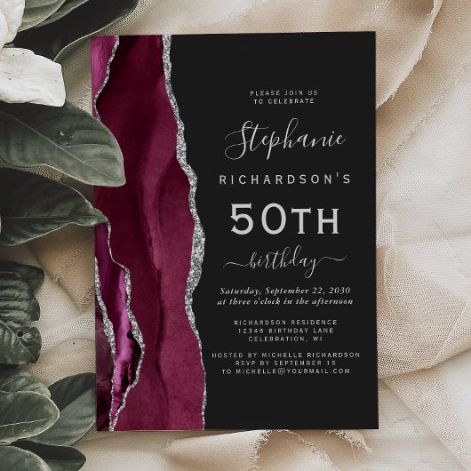 Invitation Burgundy Silver Agate Dark 50th Birthday Party