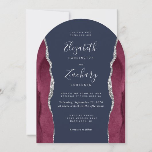 Invitation Burgundy Silver Agate Navy Blue Arch Shape Wedding (Devant)