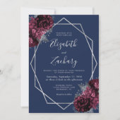 Invitation Burgundy Silver Floral Navy Mariage bleu (Devant)