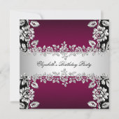 Invitation Burgundy Silver Floral Noir fête d'anniversaire (Devant)