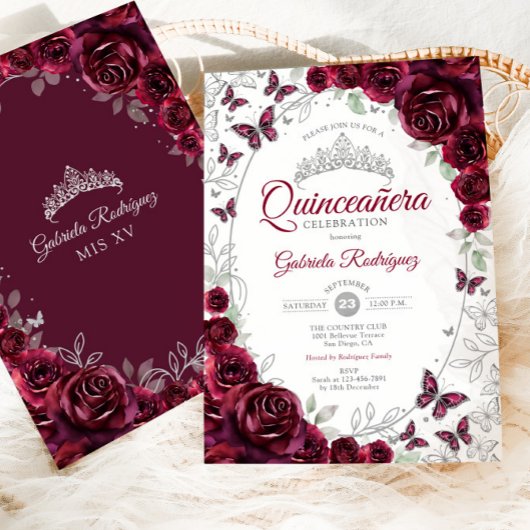 Invitation Burgundy Silver Floral Quinceanera