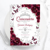 Invitation Burgundy Silver Floral Quinceanera