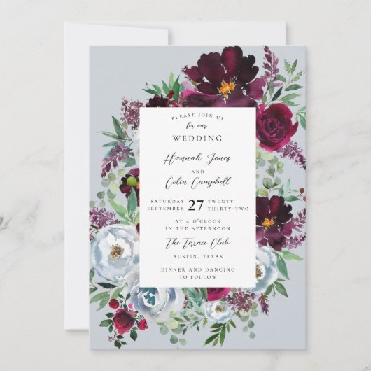 Invitation Burgundy Silver Grey Rose Botanique (Devant)