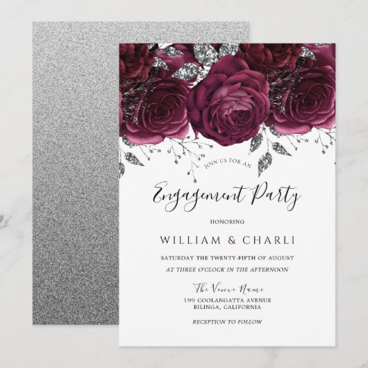 Invitation Burgundy & Silver Sparkel Floral Engagement (Devant / Derrière)