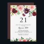 Invitation Burgundy Spring Floral 21e fête d'anniversaire<br><div class="desc">Cette invitation à la fête du 21e anniversaire de printemps bordeaux est parfaite pour une fête d'anniversaire moderne. Le design peint à la main est composé de feuilles verts, de rose éblouissant, de rousse, de violet, de rouge, de blanc et de roses bourguignons éblouissants, de pivoines soigneusement disposées dans de...</div>