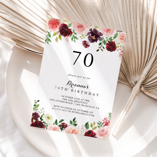 Invitation Burgundy Spring Floral 70e fête d'anniversaire