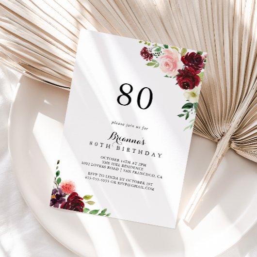 Invitation Burgundy Spring Floral 80e fête d'anniversaire