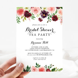 Invitation Burgundy Spring Floral Fête des mariées Tea Party