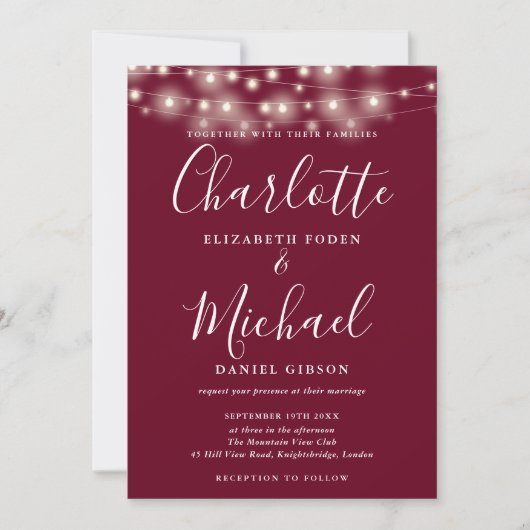 Invitation Burgundy String Lights Script Mariage photo (Devant)