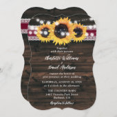 Invitation Burgundy Sunflower String Lights Lace Wood Wedding (Devant / Derrière)