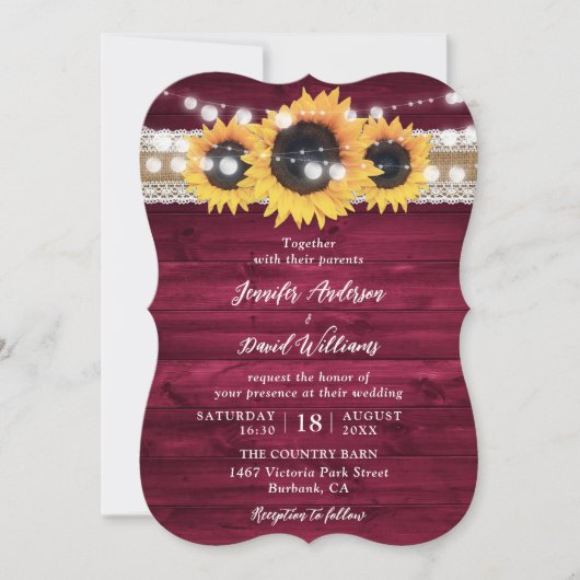 Invitation Burgundy Sunflower String Lights Wood Wedding (Devant)
