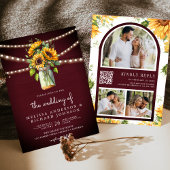 Invitation Burgundy Sunflowers Mason Jar QR Code Mariage
