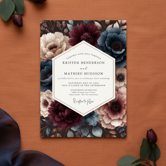 Invitation Burgundy Teal Bloom Romance Wedding