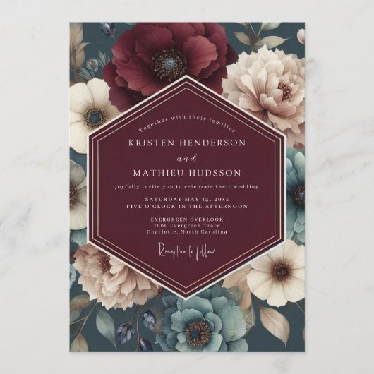 Invitation Burgundy Teal Bloom Wedding (Devant)
