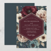 Invitation Burgundy Teal Bloom Wedding (Devant / Derrière)